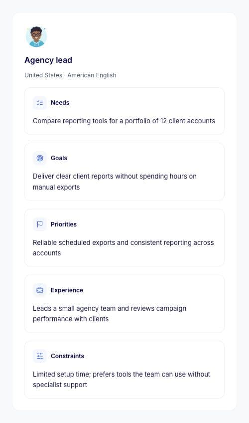 Agency lead Persona profile with needs, goals, priorities, experience, and constraints. Illustrative data.