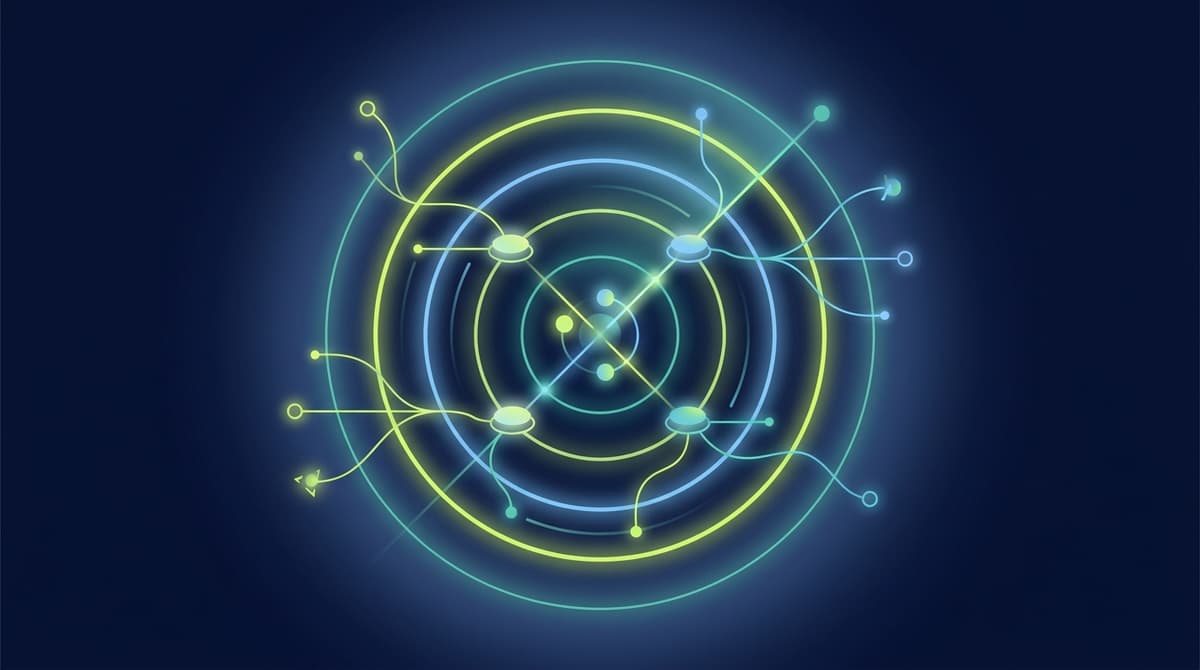Ilustração abstrata de um radar brilhante com anéis concêntricos e nós conectados de plataformas, representando o monitoramento de menções à marca em plataformas de IA